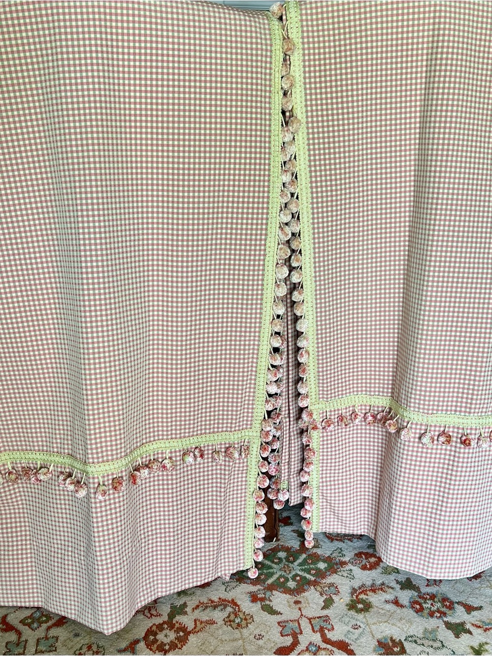 Beautiful pair of custom drape panels.Coral pink & light green with pom-pom trim